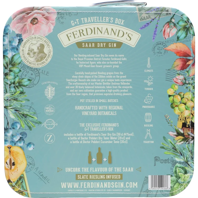 Ferdinand’s Gin Matkalaukku Kanssa 2 Lasi Dr. Polidori Dry Tonic Kurkku 44 %